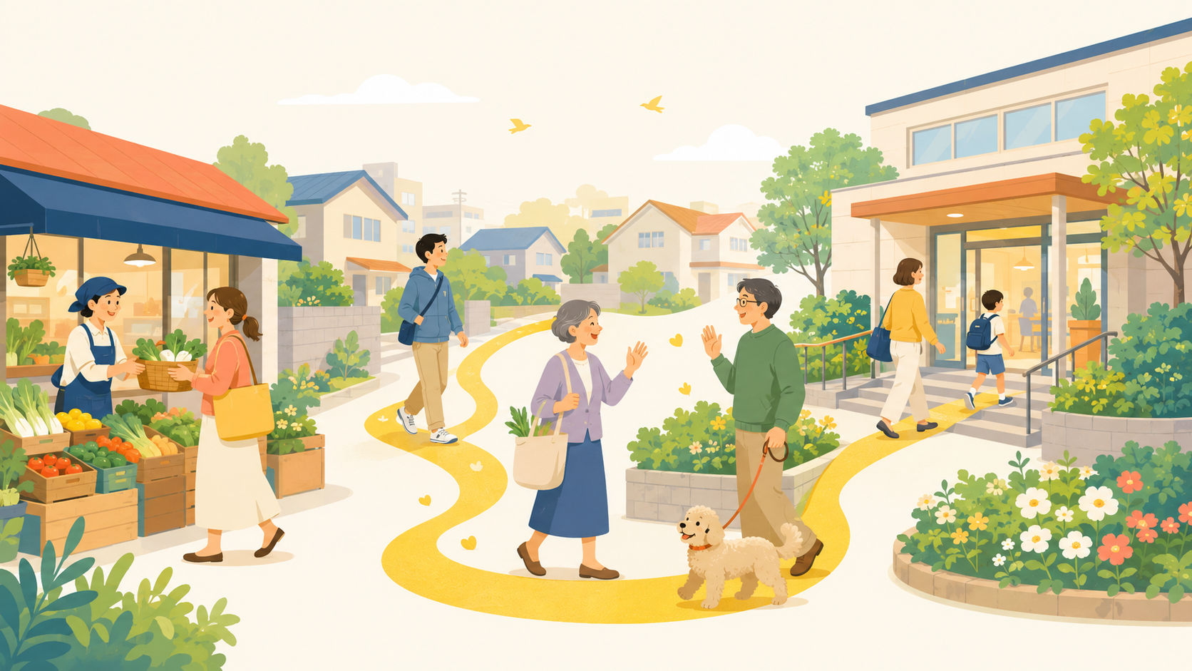 買い物や挨拶など日常を通じて地域とつながる人たちのイラスト